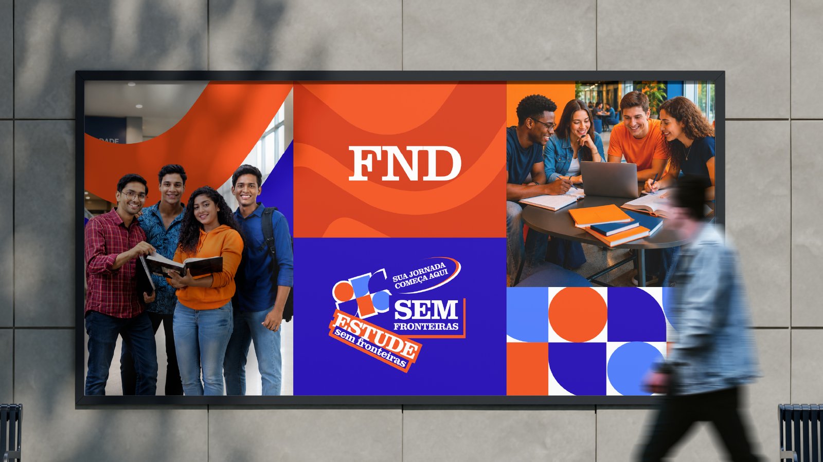 Identidade da Faculdade Nômade aplicada em painel urbano